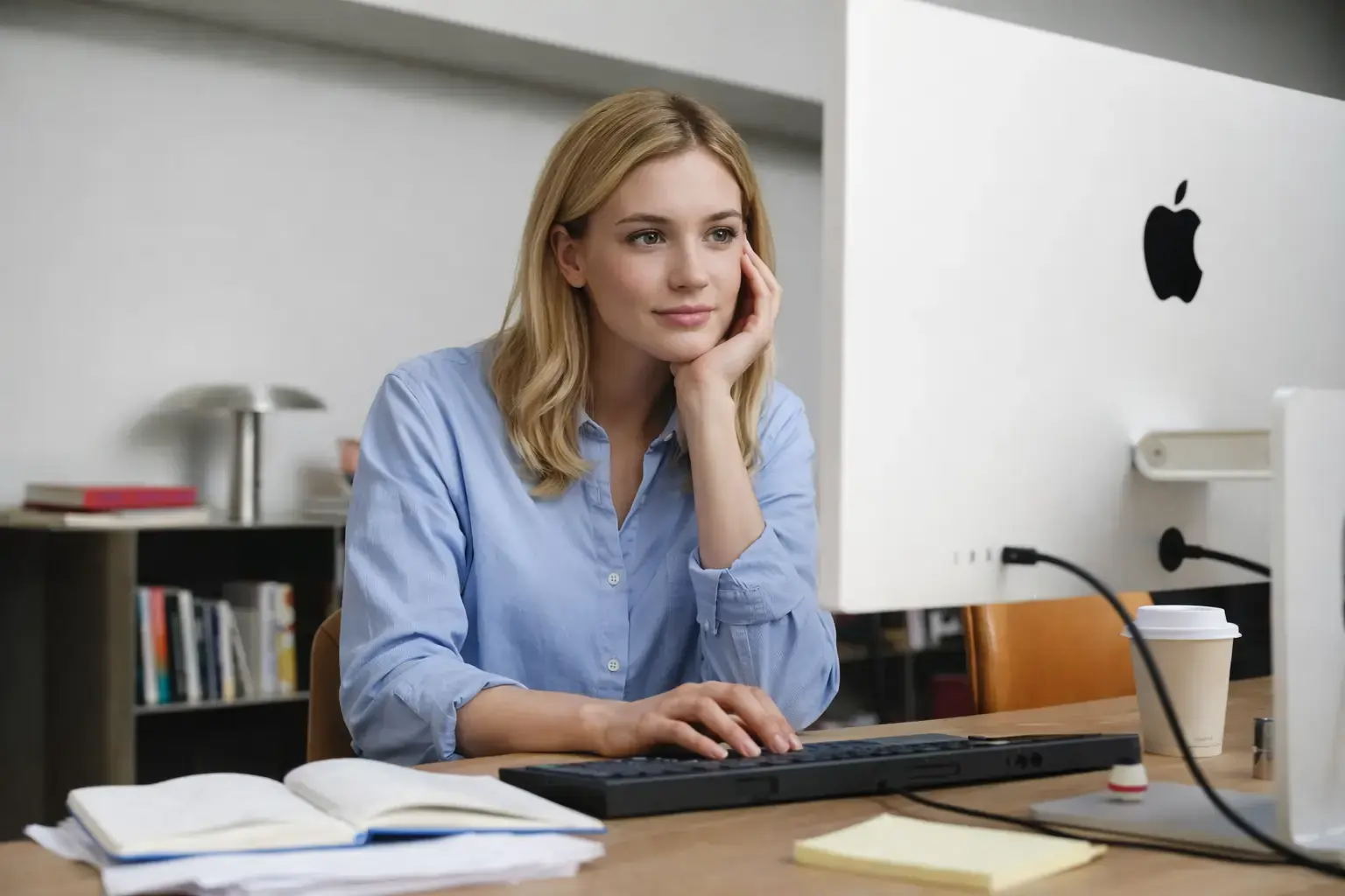 Smiling man in a maroon sweater working at a computer in a modern, industrial-looking lab or tech workspace.