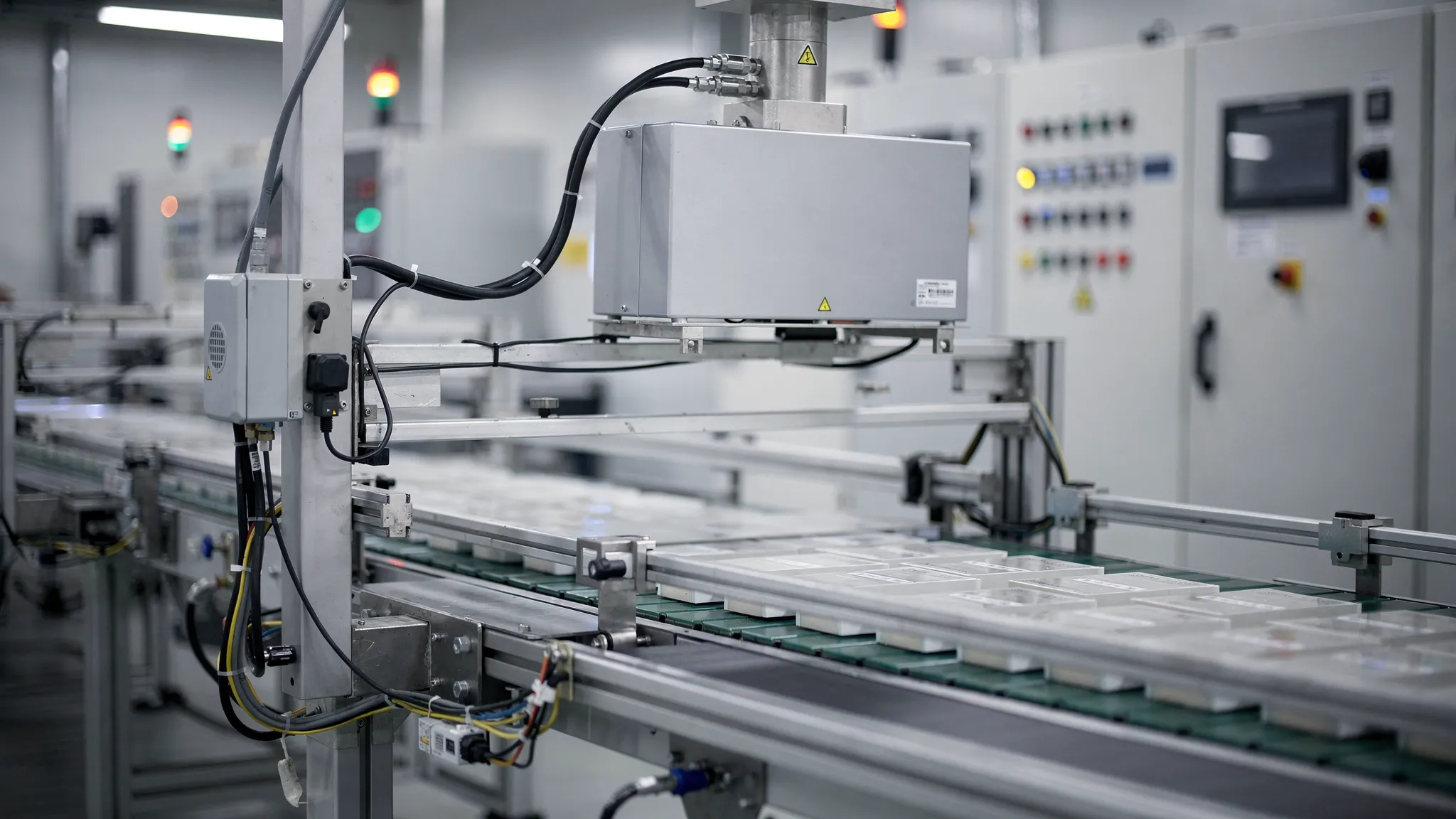 Egy modern gyártósor részlete: ipari kamera a futószalag felett, jelölve a vizuális minőségellenőrzés területét, háttérben vezérlőszekrények és szenzorok.