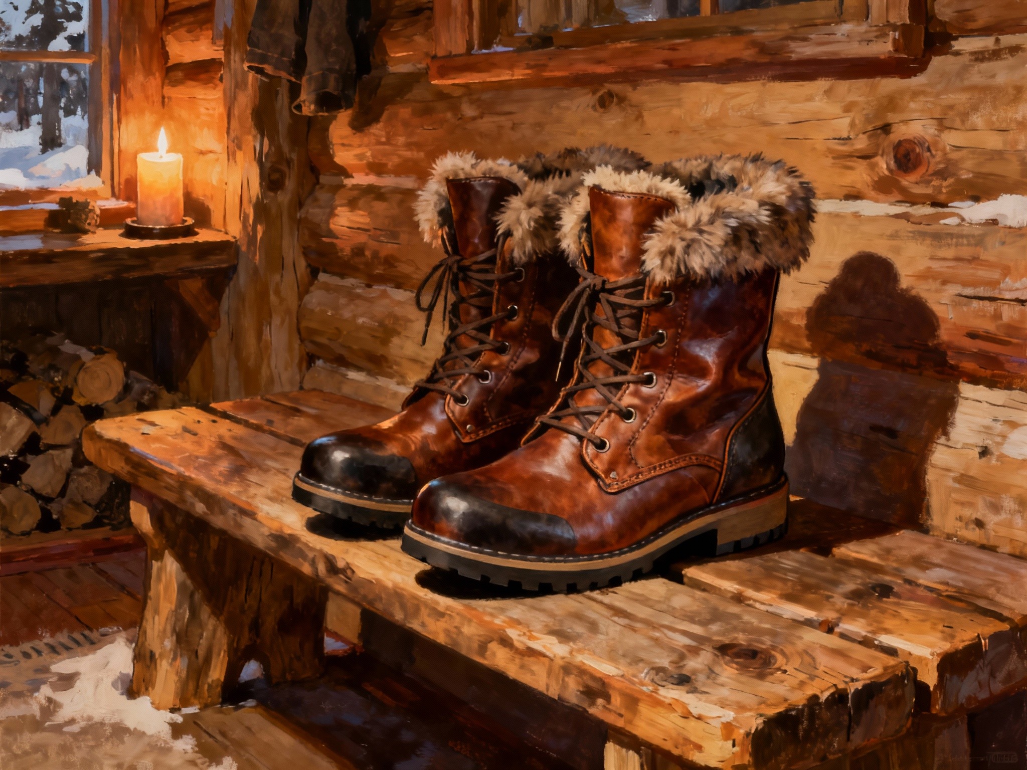 A meticulous fine-art illustration in a format depicting stylish modern winter boots placed on a