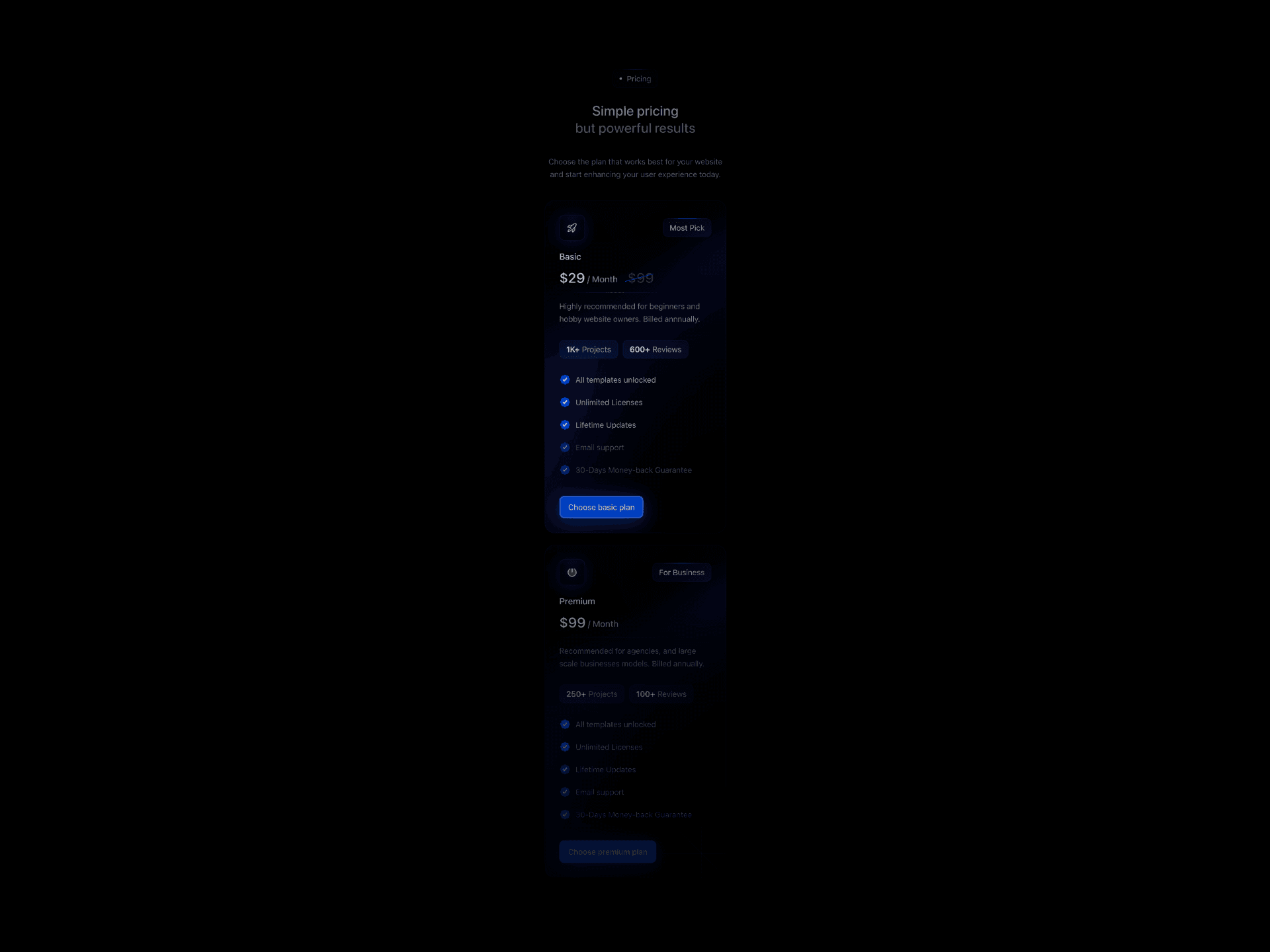 Glowrie, a premium template in Framerstacks for portfolio, agencies, and Saas. This is the pricing section of the website template in a mobile view.