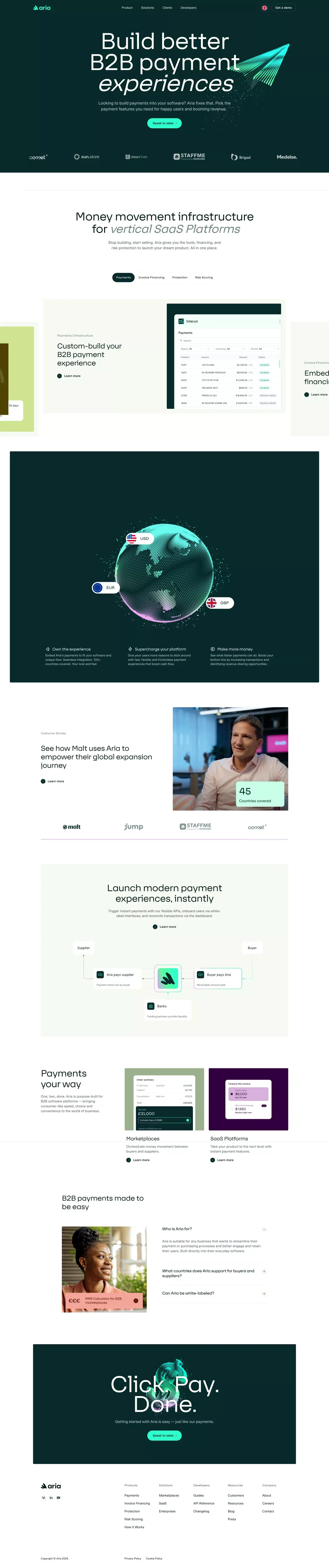 Aria – Build better B2B payment experien landing page screenshot showcasing Tech and Finance design