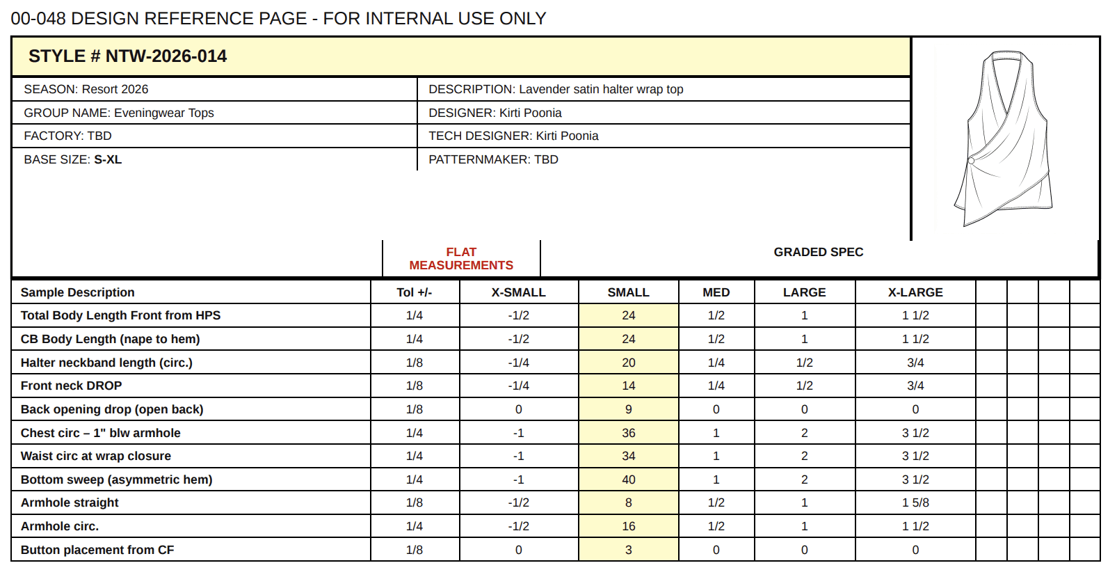 Tech pack measurement specification sheet with points of measure, tolerances, flat measurements and graded spec from X-Small to X-Large for style NTW-2026-014