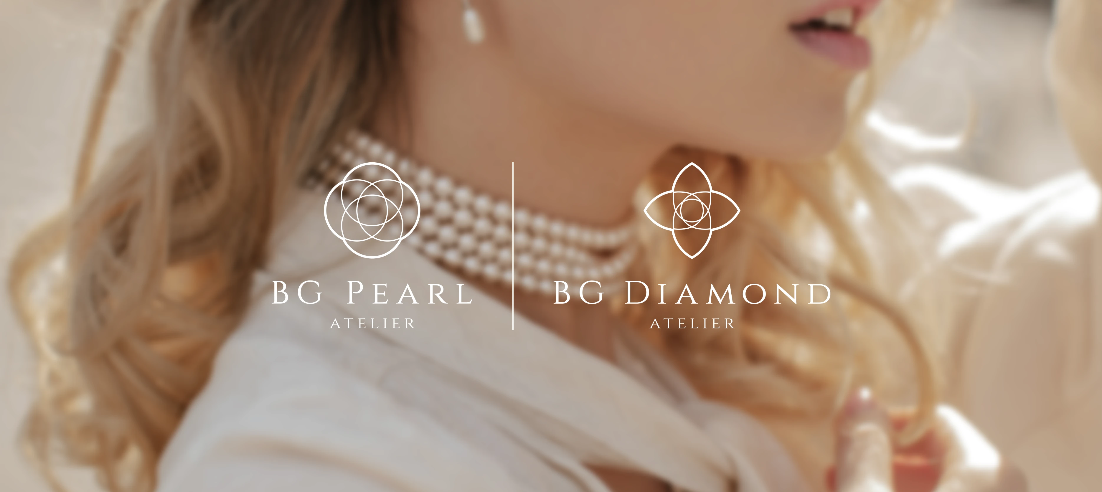 BG Jewellery visual identity hero – elegant pearl necklace with symmetrical green-gold logo overlay on soft background by Teatime Studio.