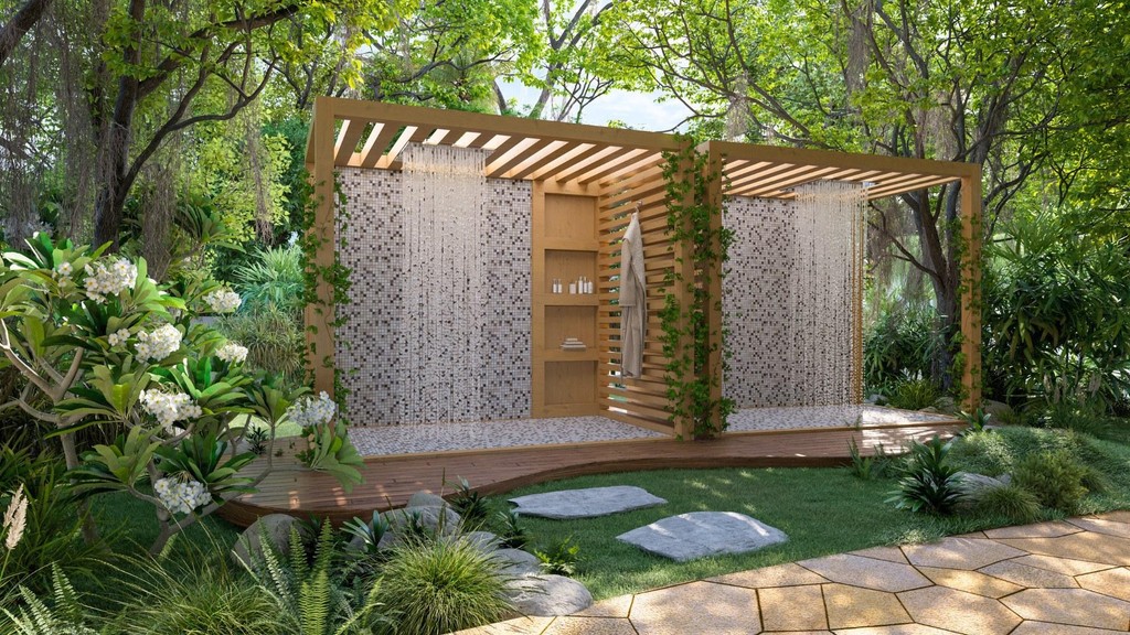 At Vincitore Wellness Estate, a man is positioned near a pool in a verdant park, framed by lush greenery.