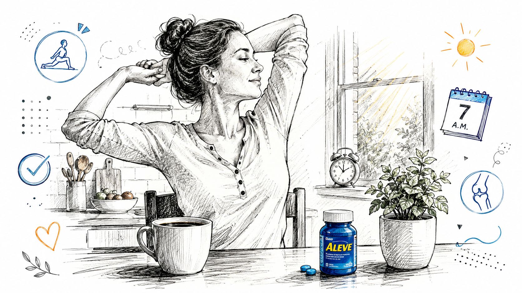 A woman stretching in a kitchen at 7 AM with an Aleve bottle on the table