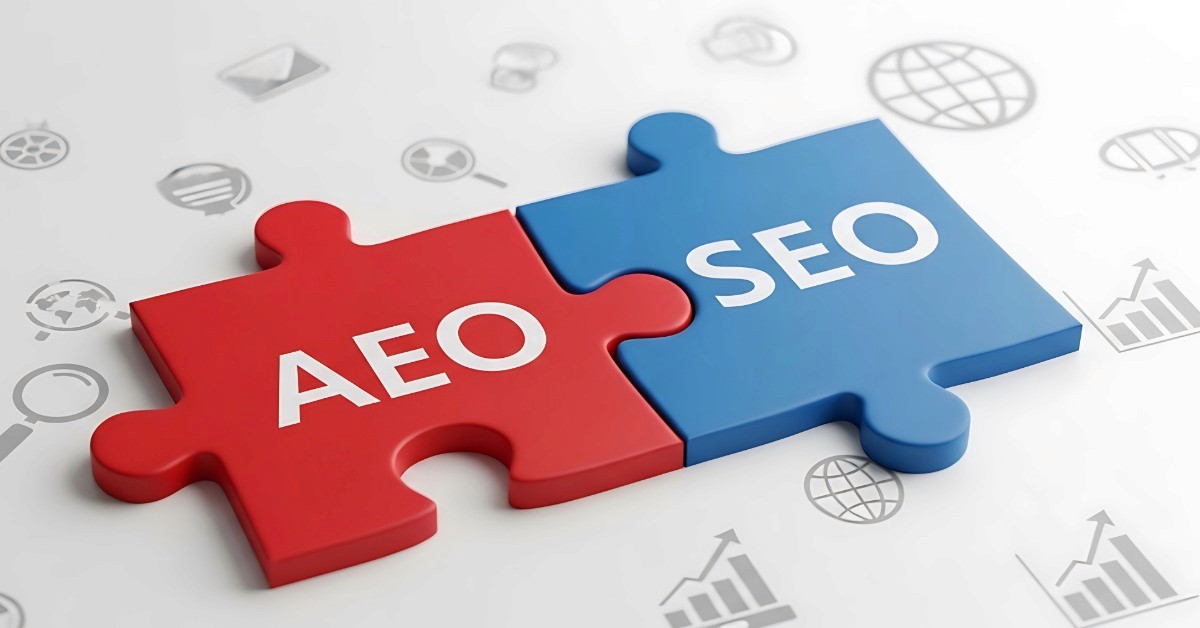 Red and blue interlocking puzzle pieces labeled AEO and SEO, illustrating how answer engine optimization and search engine optimization work together
