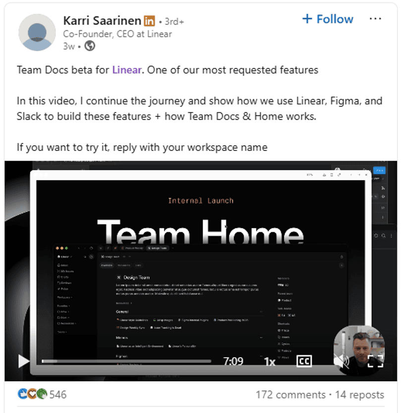 Linear's Leadership Social Media Presence Analysis  Karri Saarinen, CEO and Co-Founder