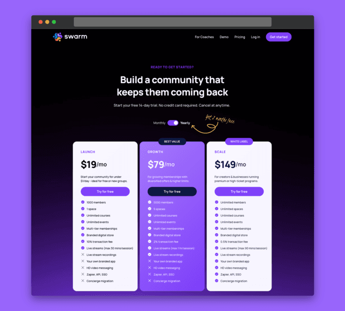 swarm pricing page