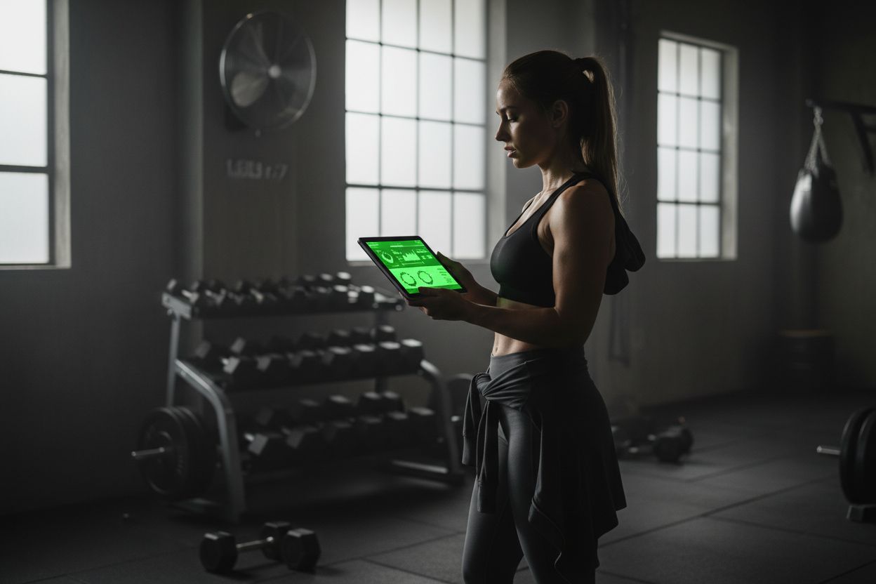 A person reviewing a workout plan in a gym