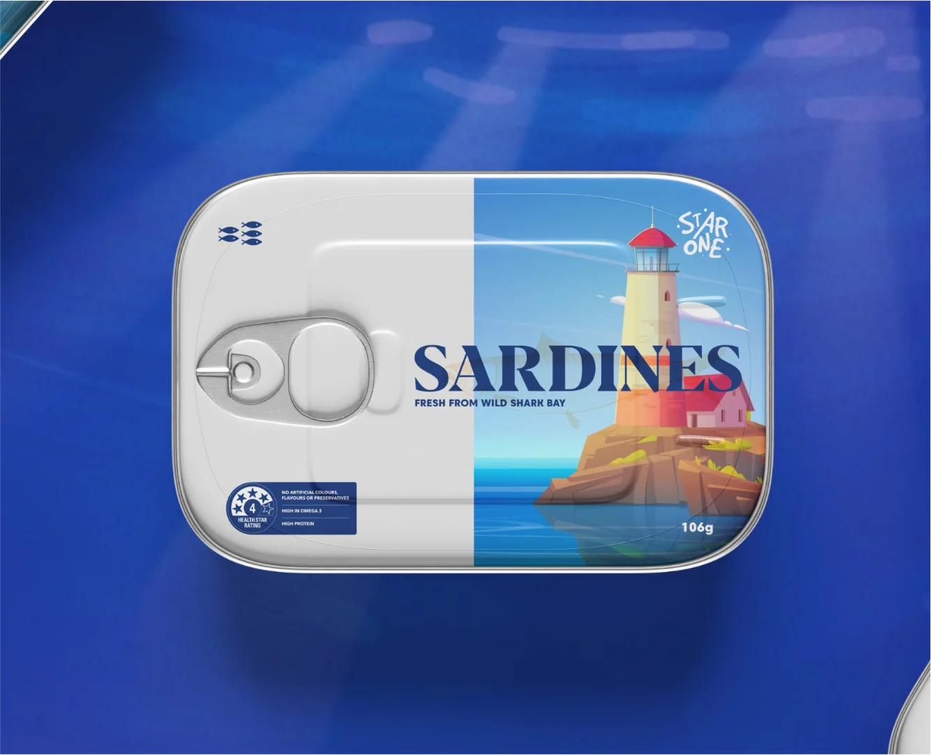Premium illustrative sardine packaging design for Star One Sardines by Made by Campfire, featuring a detailed coastal lighthouse scene and bold custom typography on a 3D product mockup.