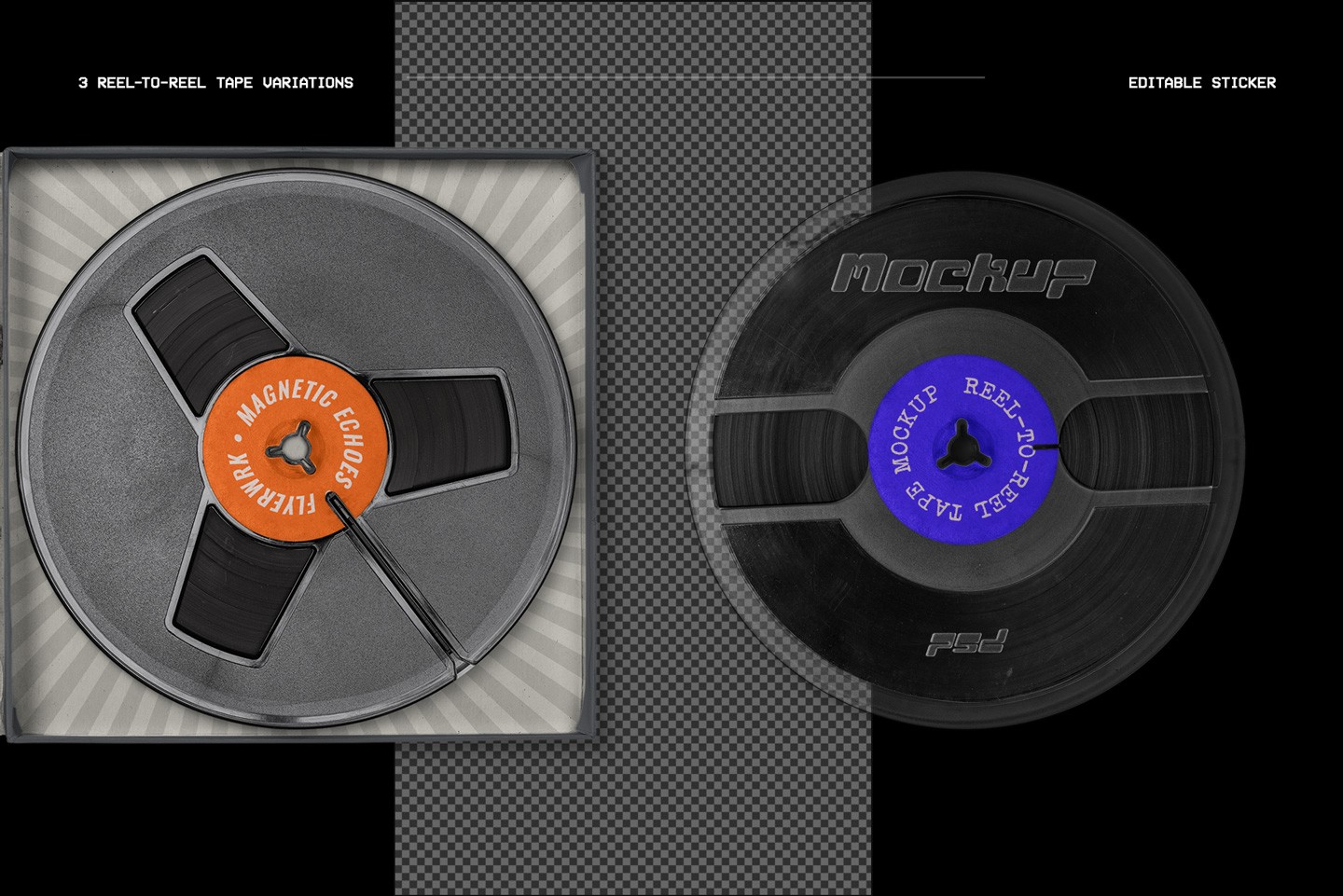 Vintage Reel Tape Box Mockup reel tape variations with editable sticker labels.