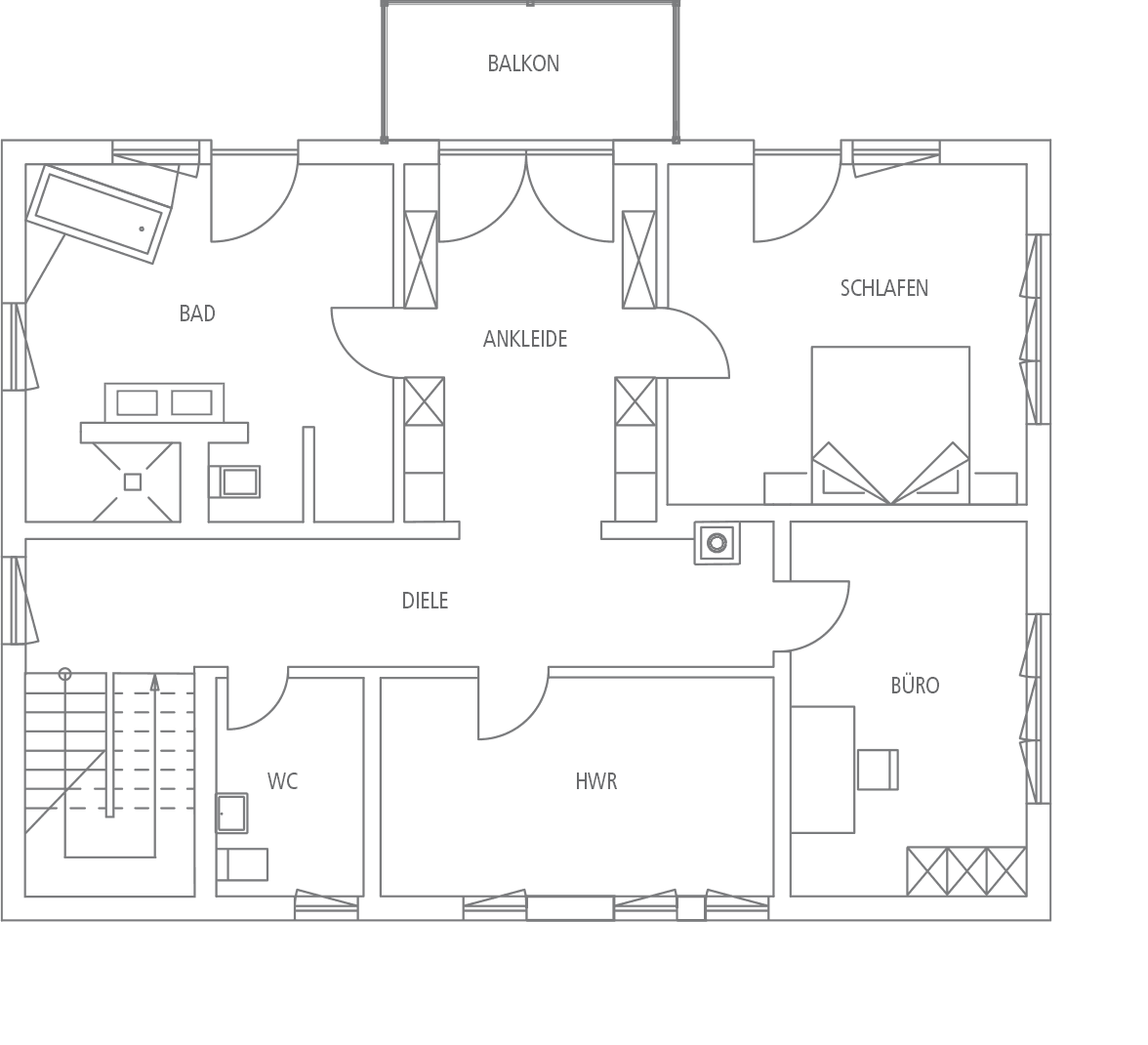 Grundriss einer Wohnung mit Balkon, Bad, Ankleide, Schlafzimmer, Diele, WC, HWR und Büro.
