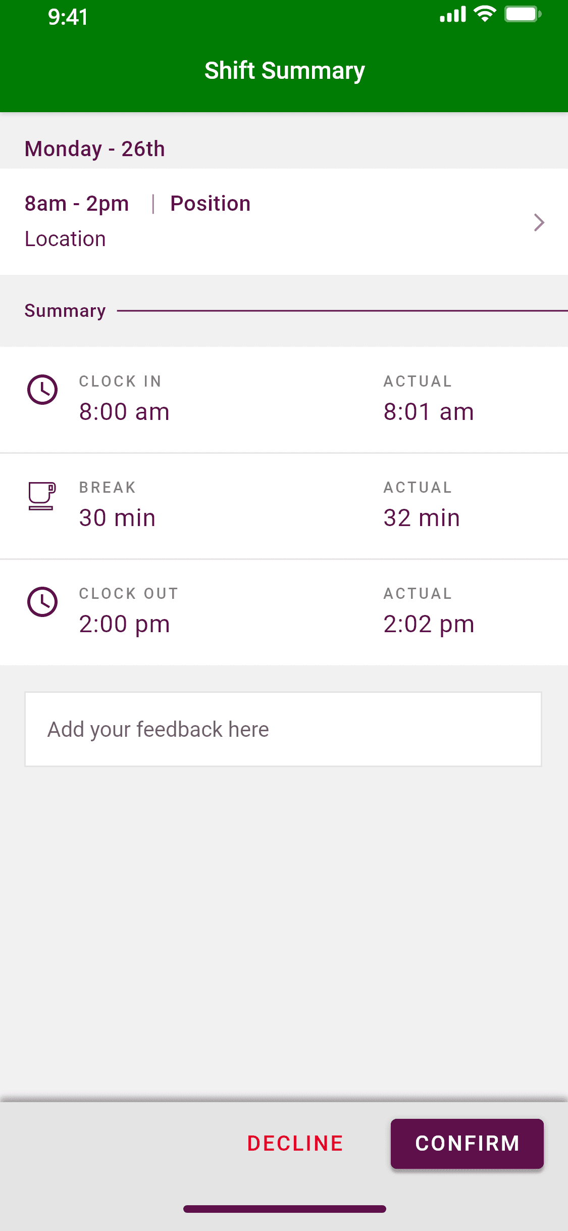 Shift summary and confirmation