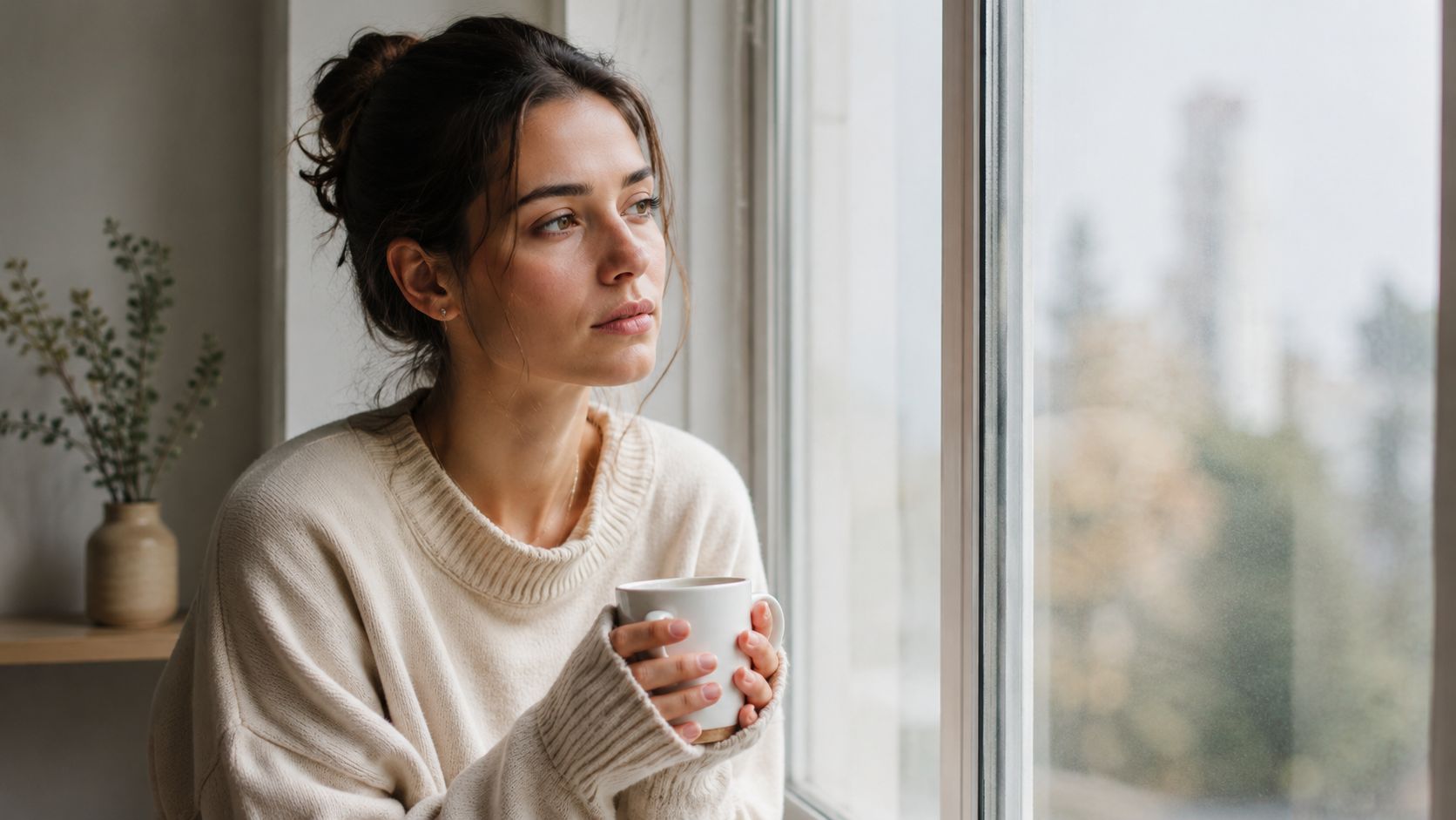 A contemplative woman sitting by a window holding a warm mug of coffee, reflecting on her health.
