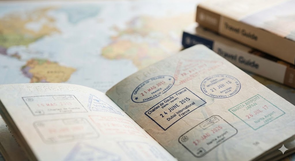 Close-up of passport pages with entry stamps, subtle global travel background, professional editorial photography, soft lighting, sharp focus, serious yet accessible tone