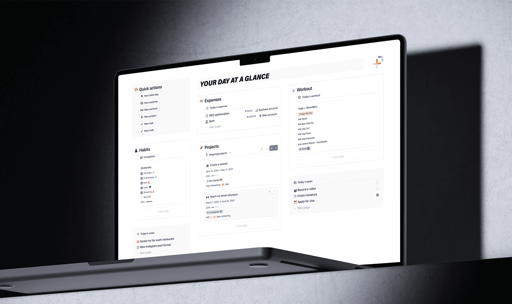 Close-up view of the "Your day at a glance" dashboard - organize your entire life in seconds