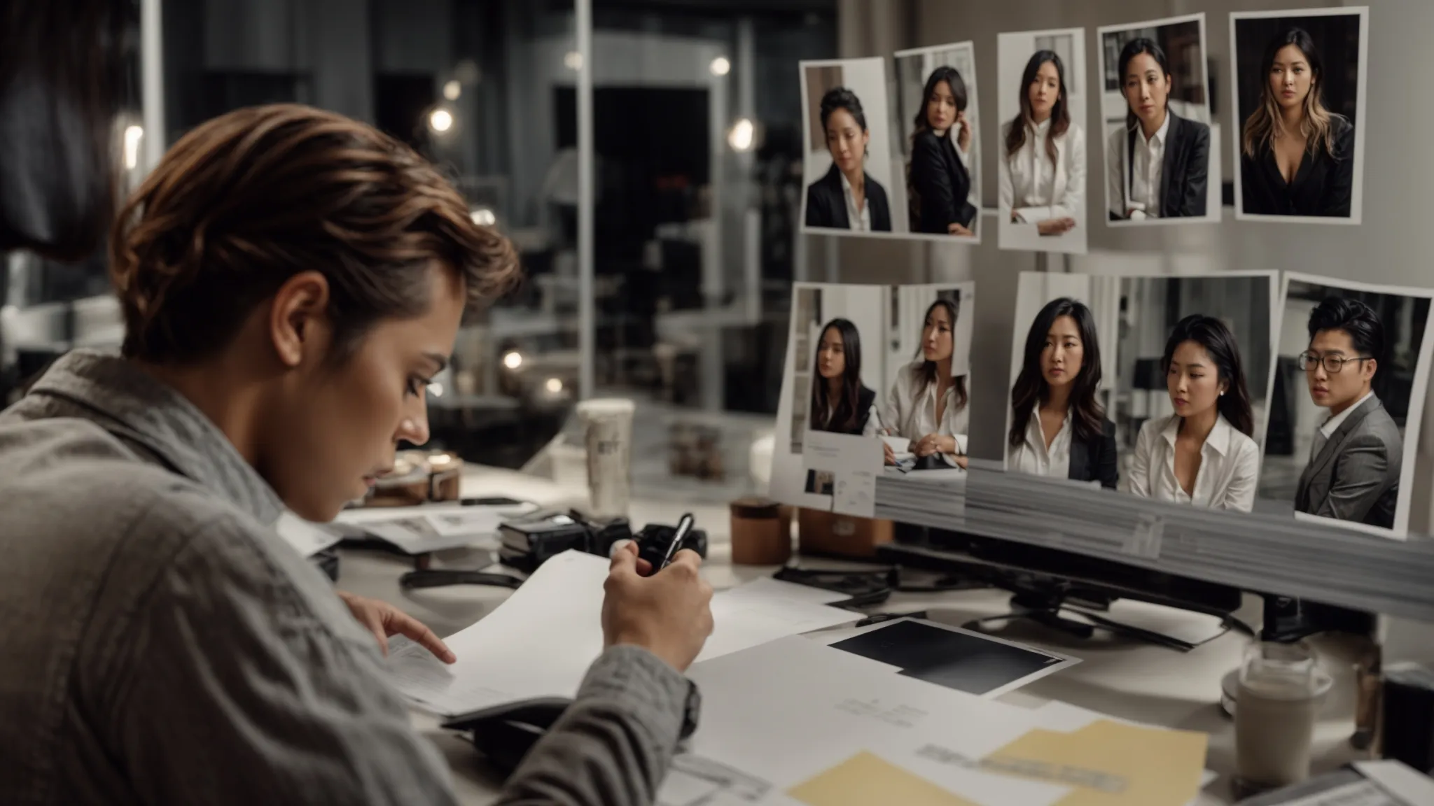 a producer and casting director review headshots spread across a table, deep in discussion.