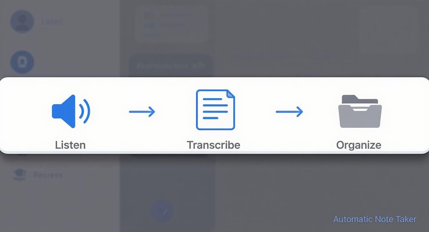 Infographic showing the process flow of an automatic note taker from listening to transcribing and organizing