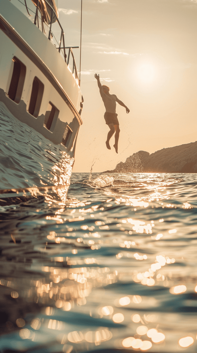 man diving into sea of yacht