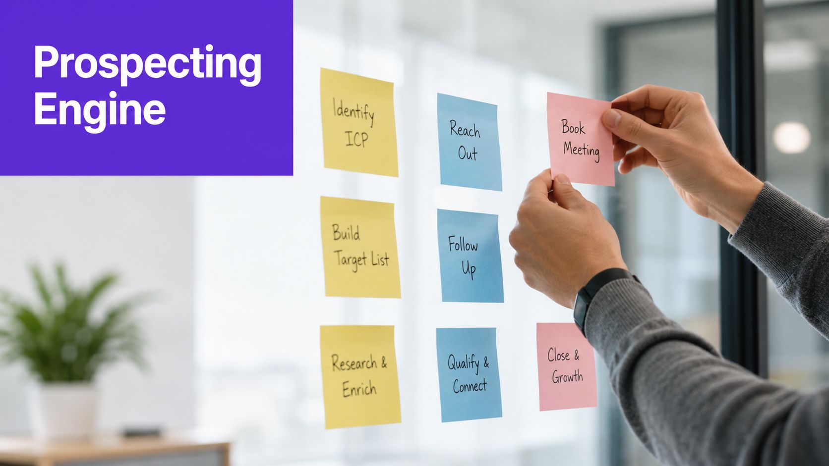 A person organizing a sales prospecting engine process using colored sticky notes on a glass board.