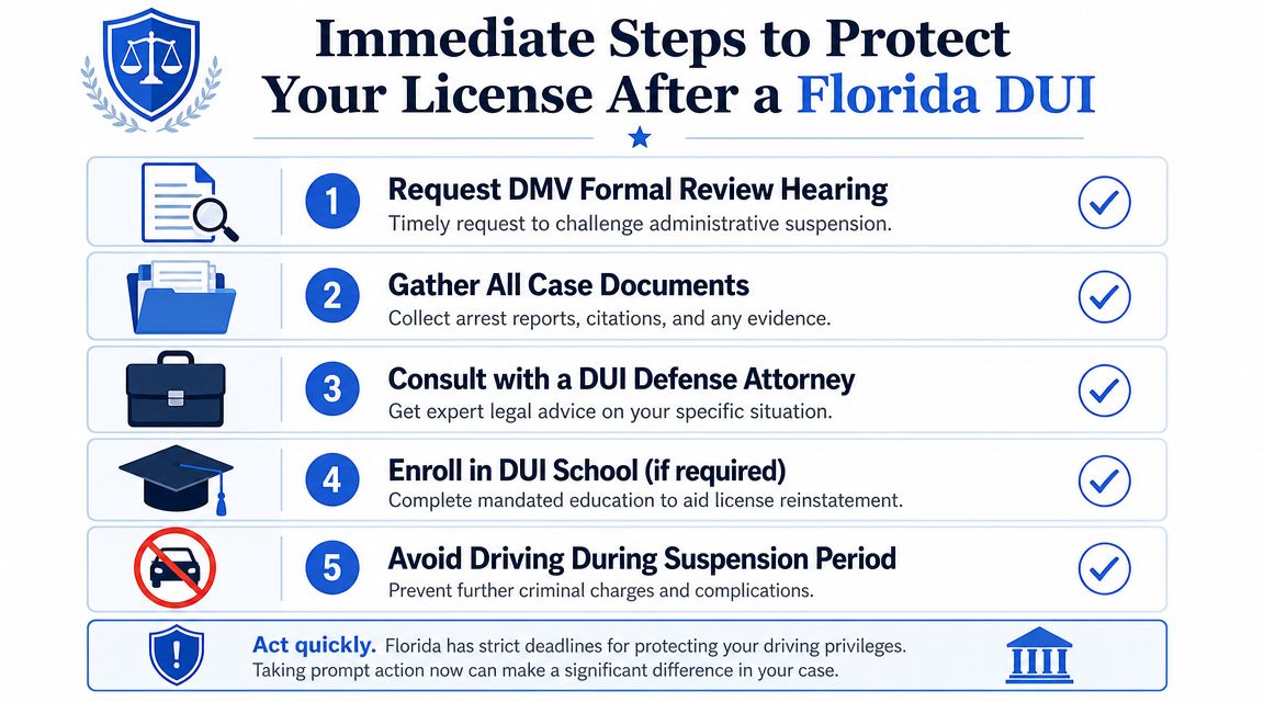 A five-step guide on how to protect your driver's license after receiving a DUI in Florida.
