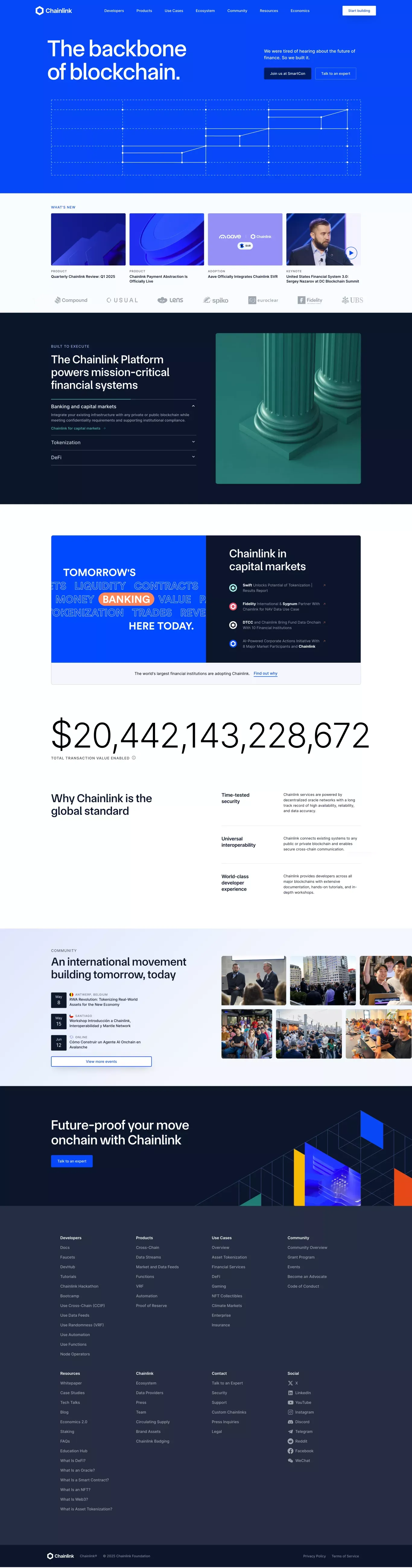 Chainlink: The backbone of blockchain. landing page screenshot showcasing Finance and NFT / Crypto / Web3 design