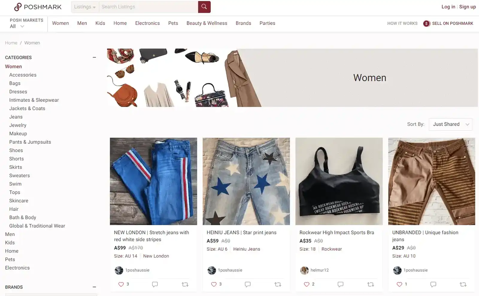 Screenshot Of Women's Category On Poshmark