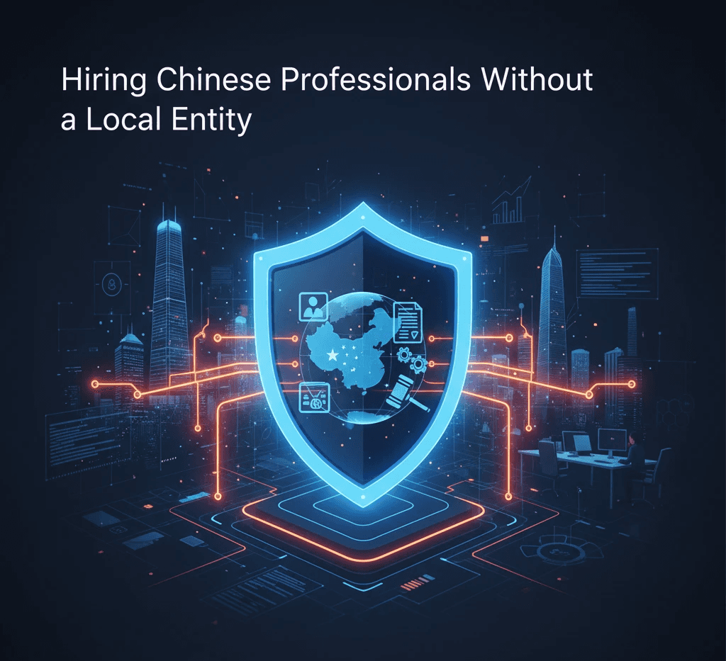 A professional legal compliance concept for hiring Chinese professionals, featuring a global map connected with secure digital contracts and symbolic labor law documents.