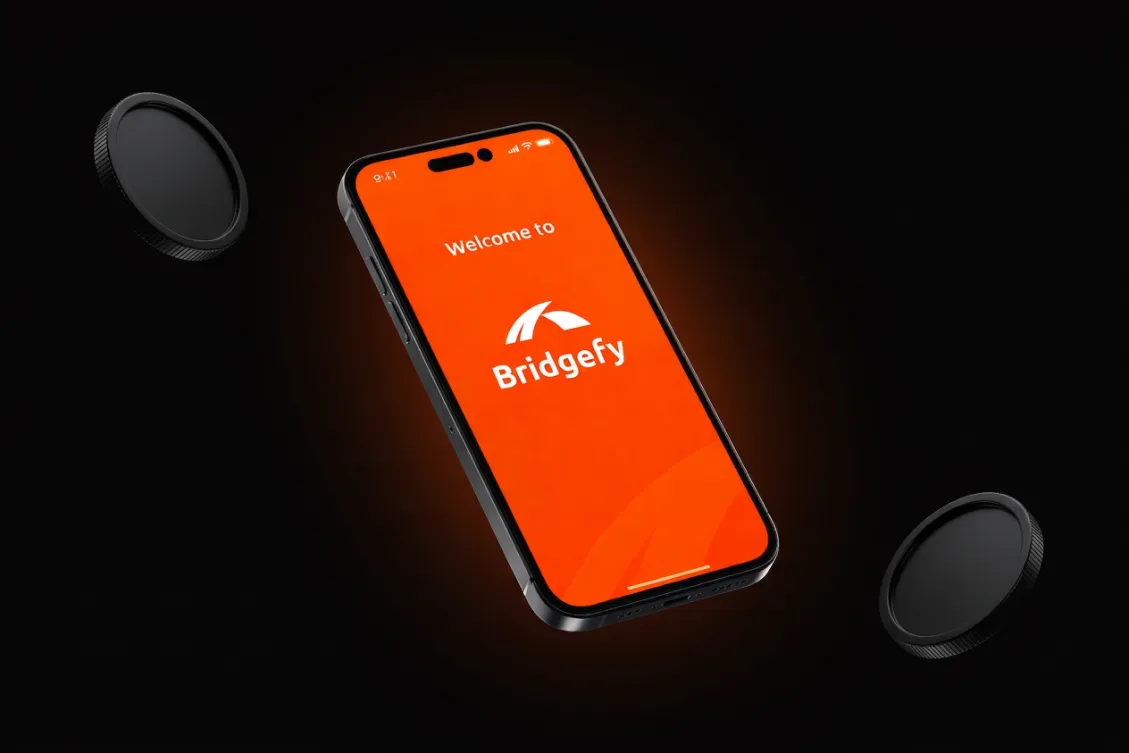 Bridgefy app welcome screen on an iPhone mockup with orange glow effect and floating coin elements on a dark background