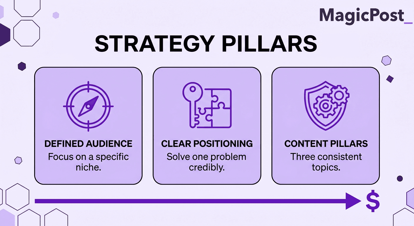 An illustration of the three strategy pillars a LinkedIn content strategy stands on: audience, positioning, and content pillars