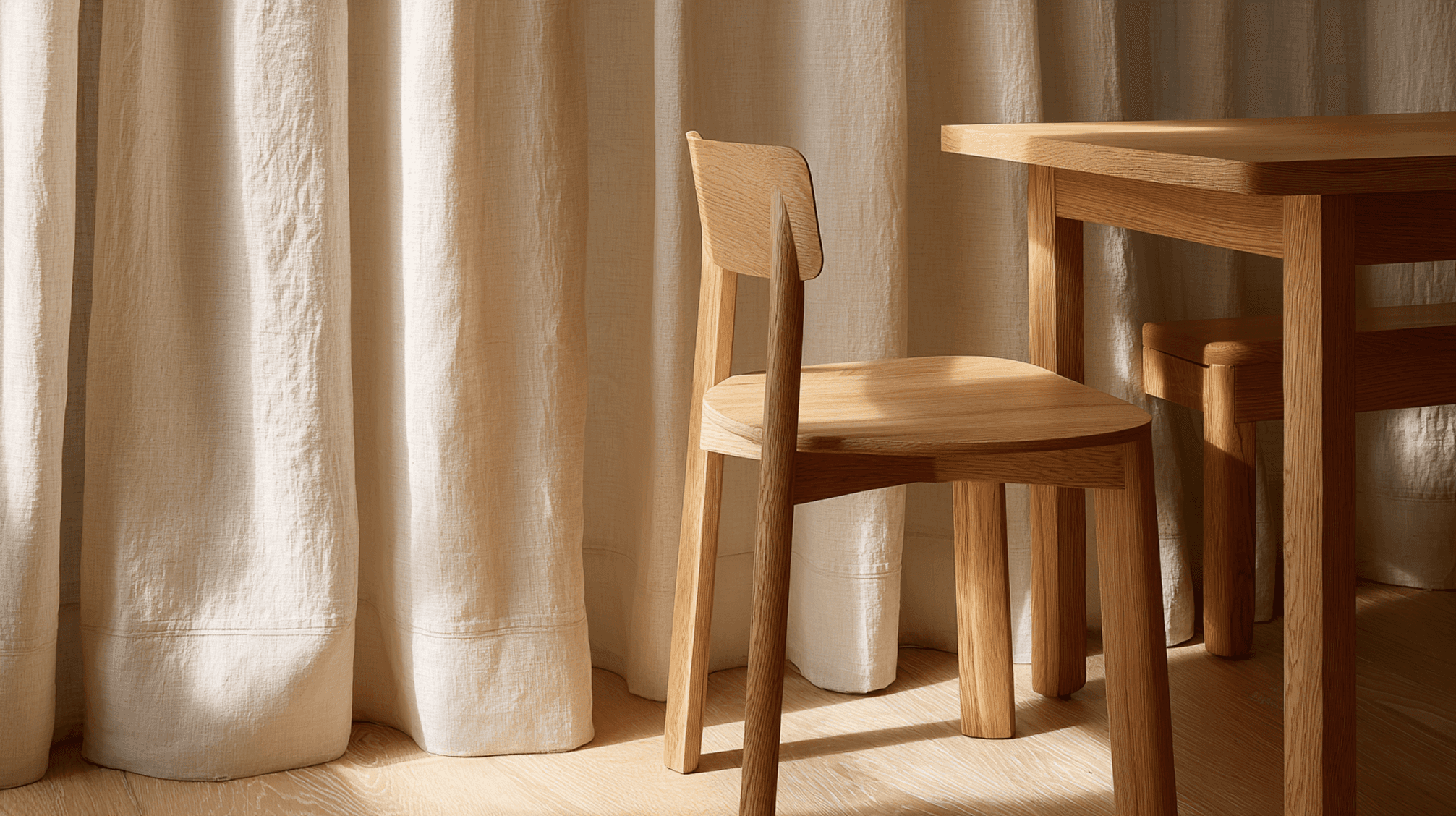 chaise et table en bois dans un décor beige avec des rideaux en lin en fond
