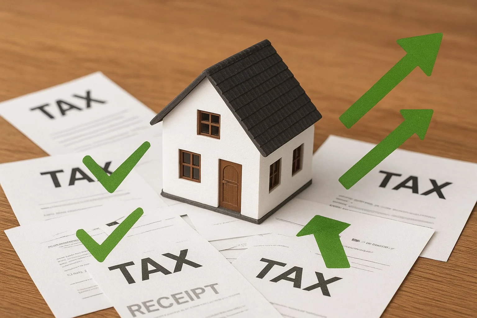 House surrounded by tax bills and receipts transformed into green check marks and upward arrows, symbolizing increased deductions and financial relief.
