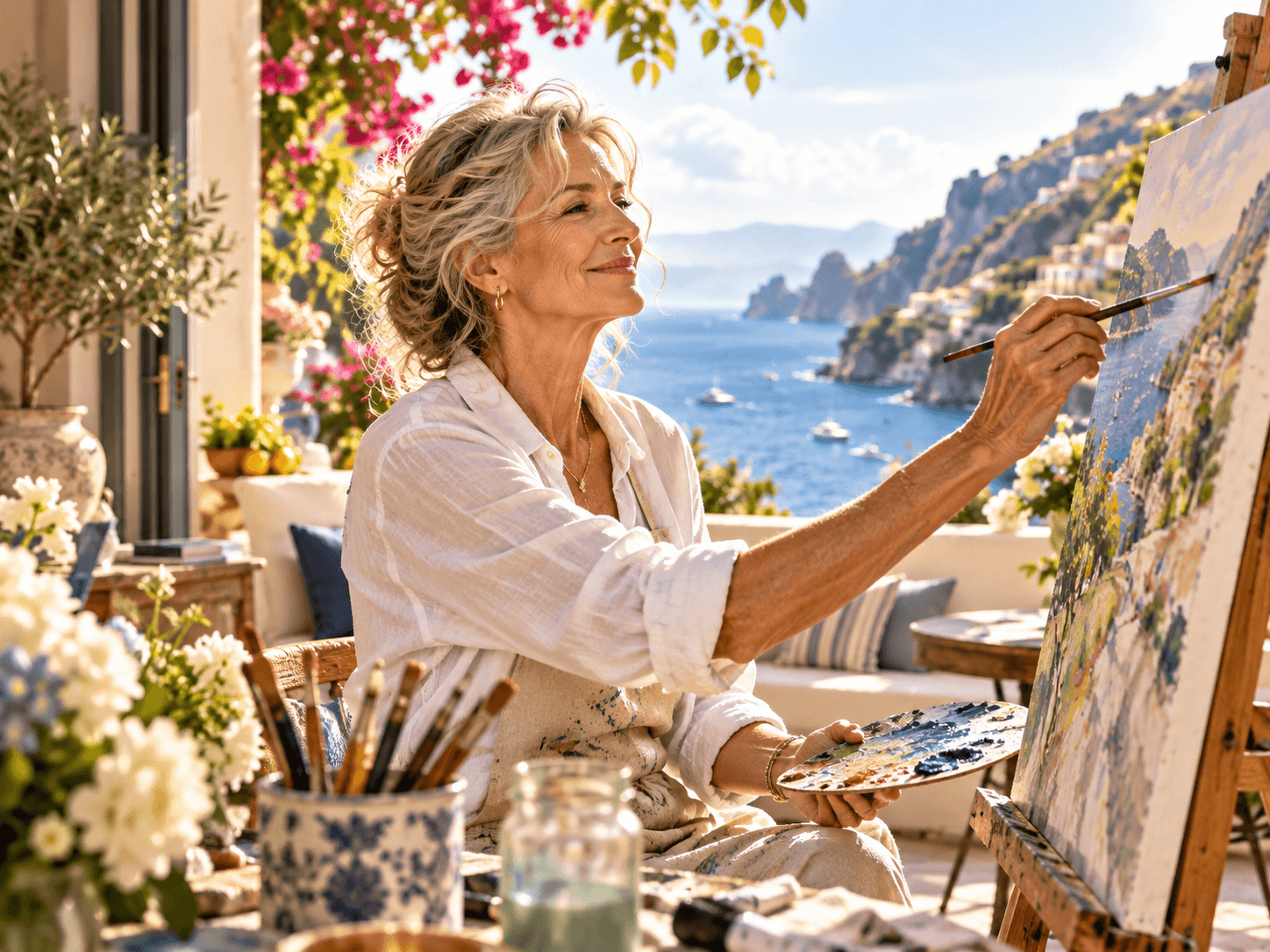 Older adult enjoying a creative painting experience by the coast