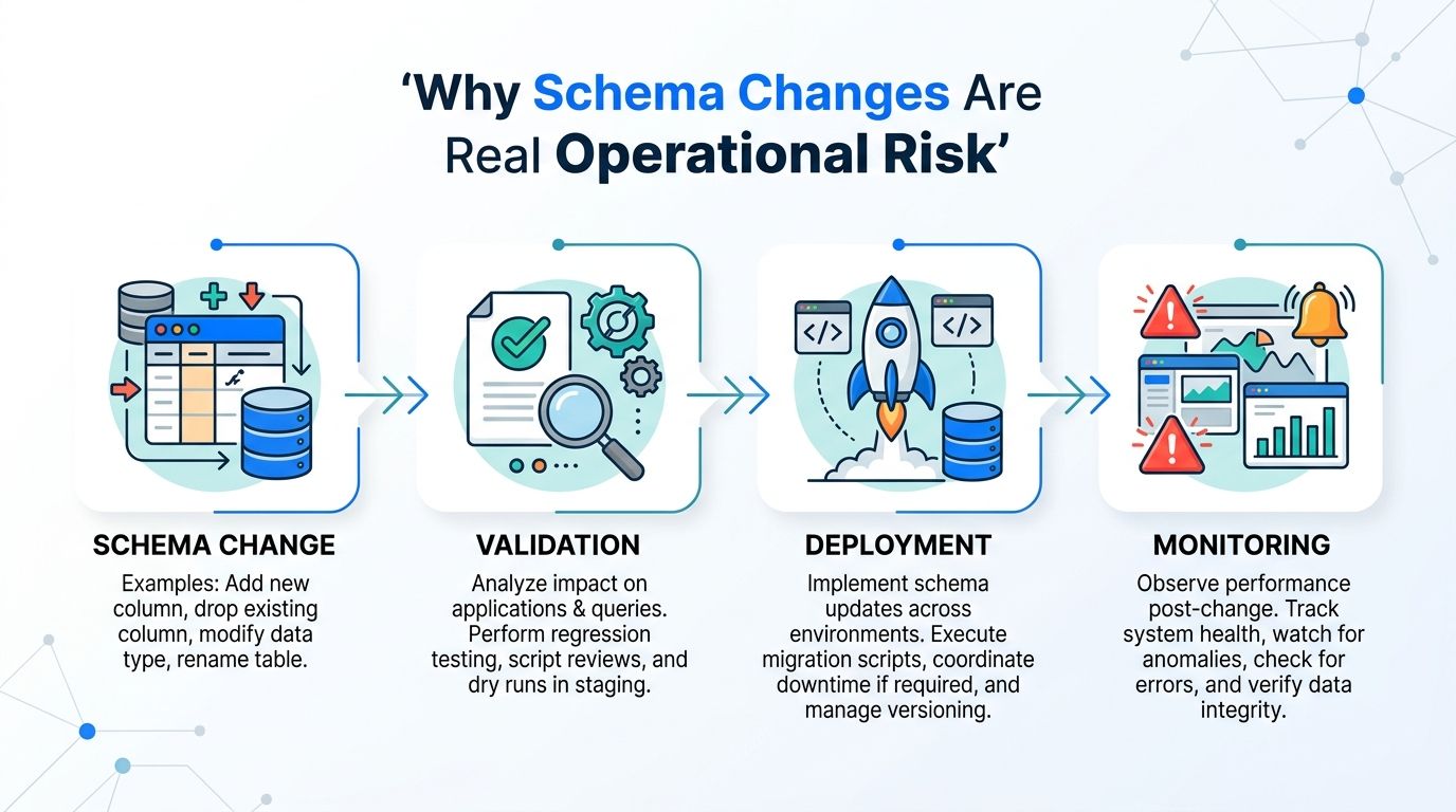 A four-step infographic illustrating the operational risk management lifecycle for database schema changes from validation to monitoring.