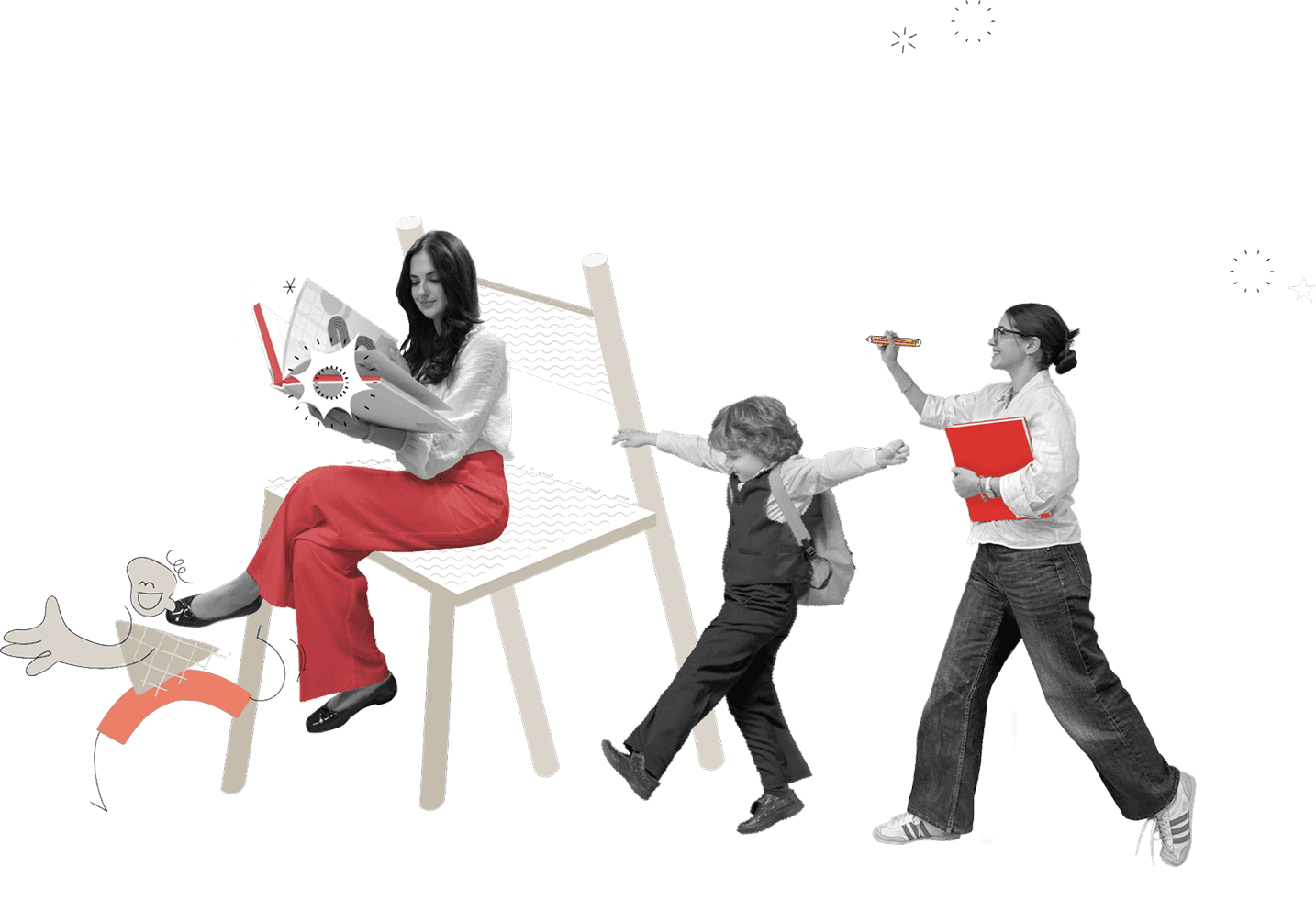 Hero section design asset featuring a teacher and  schoolchildren, illustrating innovative learning spaces