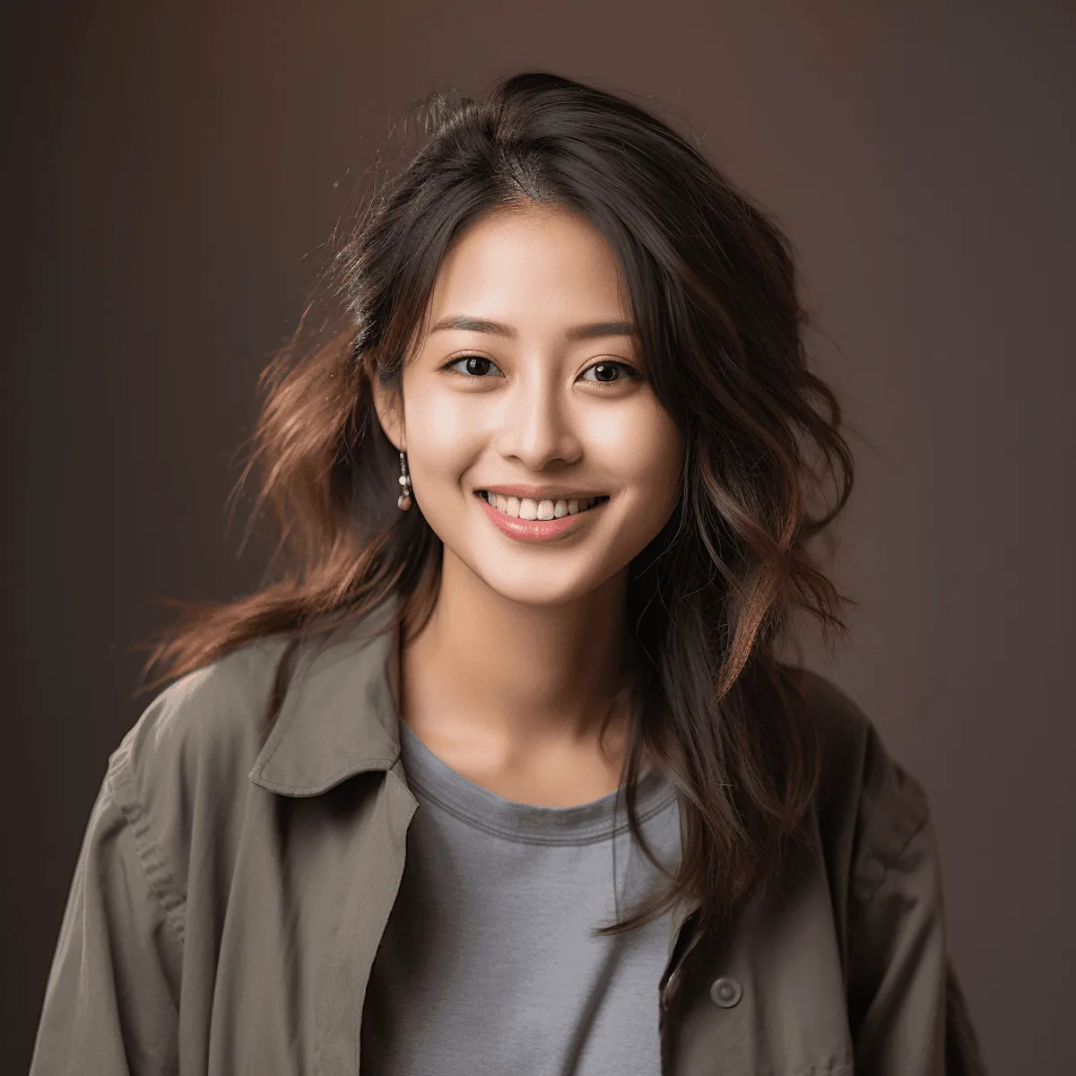 Smiling woman with long wavy hair wearing a casual jacket and gray shirt against a soft neutral background.