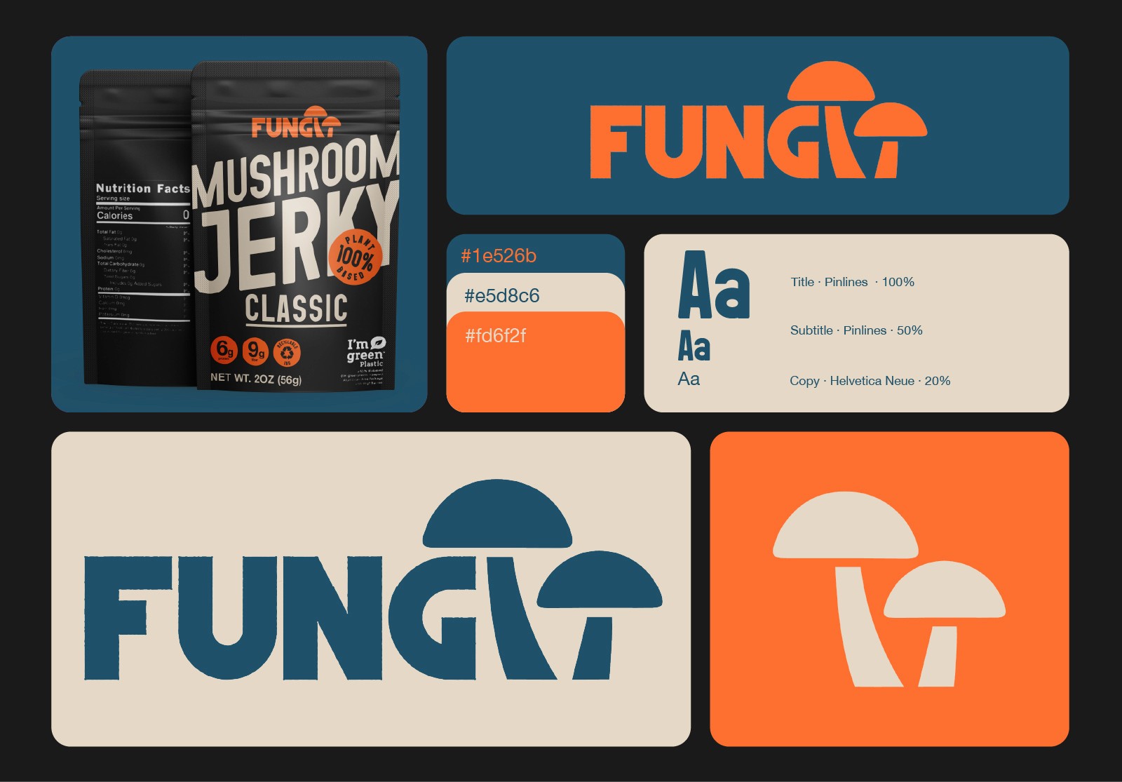 Fungii mushroom jerky branding and packaging design by Tom, co-founder of LINKS Studio — logo, colour palette and typography