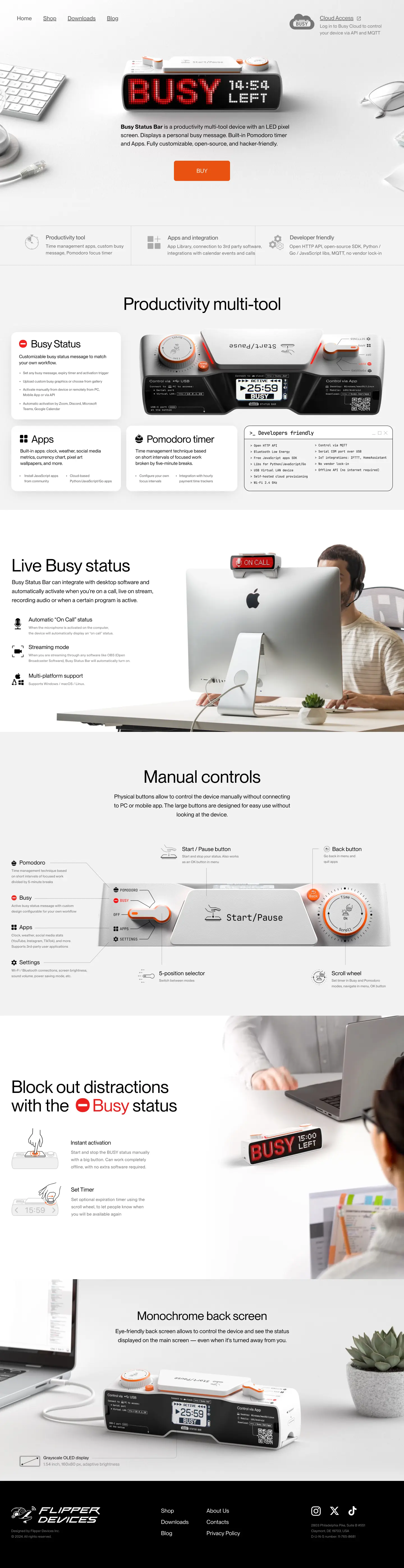 Busy Status Bar landing page screenshot showcasing Productivity design