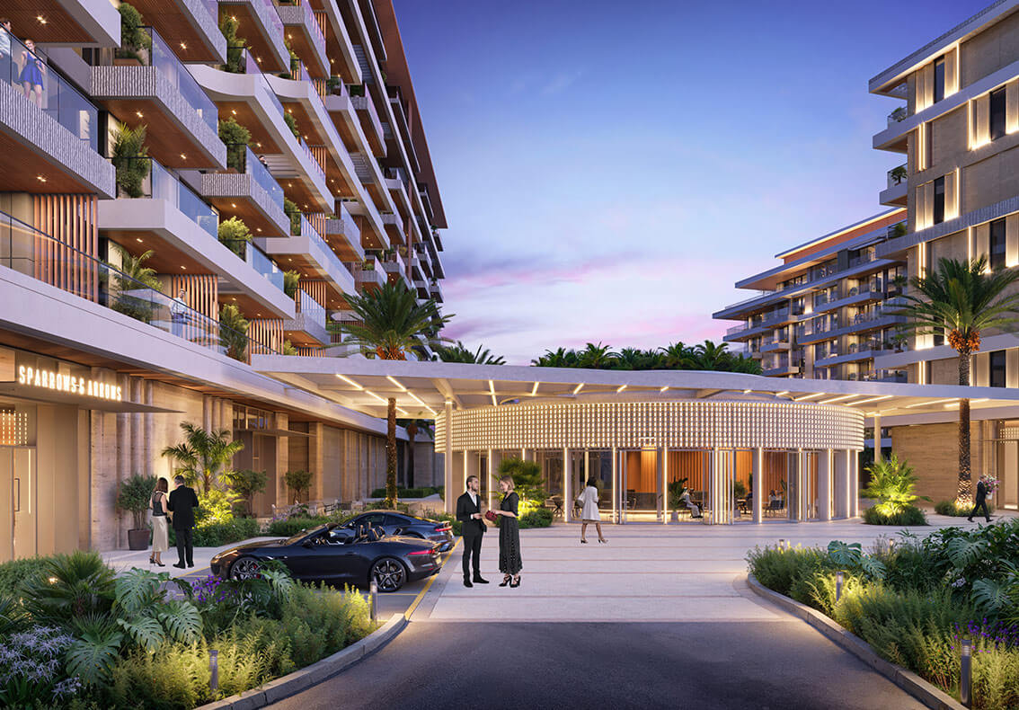 A sleek apartment building, 1WOOD Residence 2, with a vibrant city view in the background.