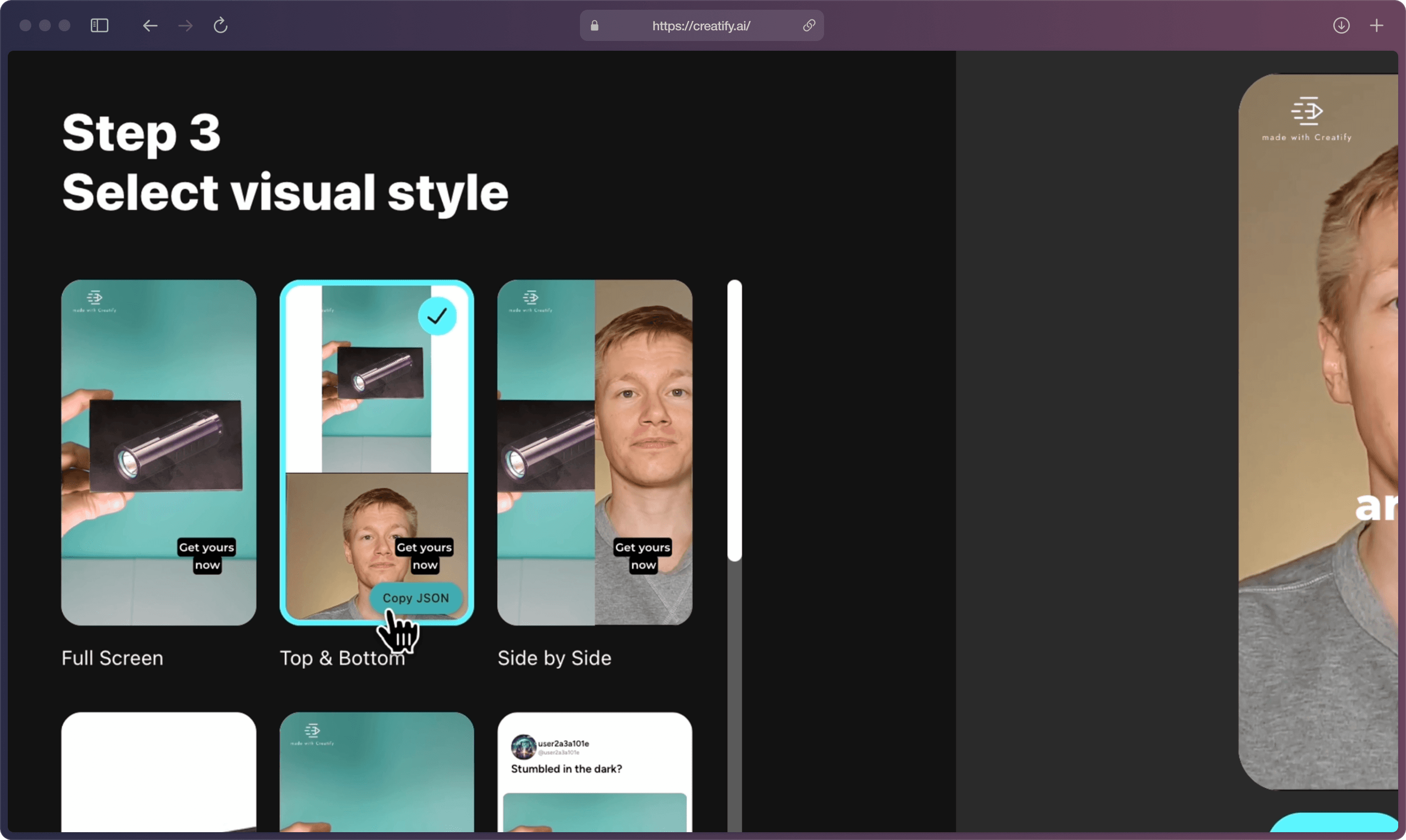 A screenshot of Creatify AI app on the “Choose a style” page showing several visual styles in brackets on the left, and a large preview on the right with play button.