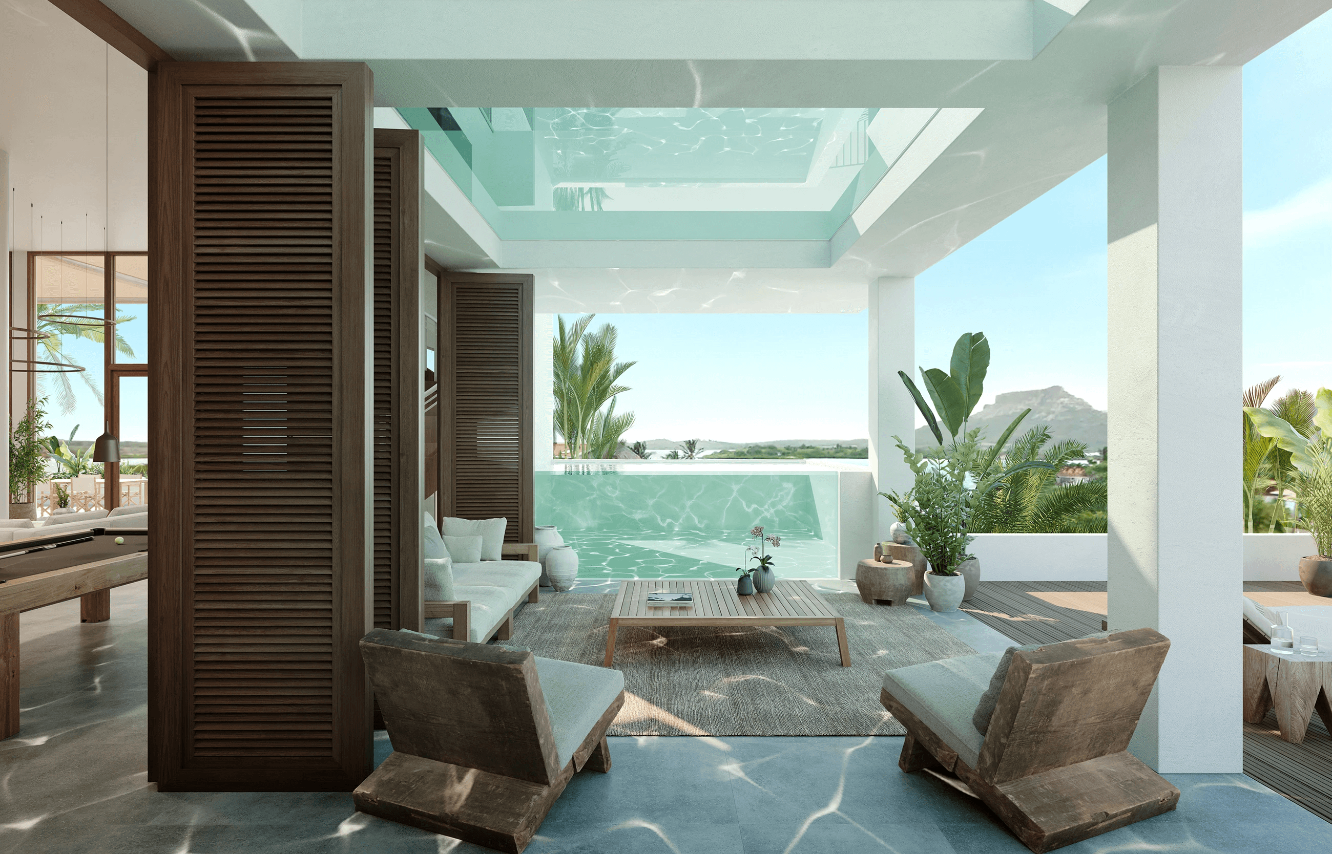 Rendered view of the villa, showing the first floor with overhanging swimming pools