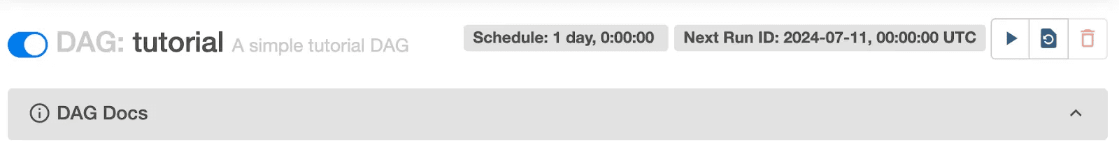 User interface element of Apache Airflow showing details of a single DAG named 'tutorial' with a description 'A simple tutorial DAG', its schedule set to daily, and next run time displayed.