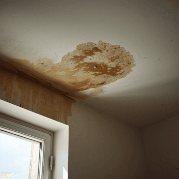 Eine feuchte Stelle an einer Zimmerdecke in einer ansonsten gepflegten Wohnung, natürliches Licht, dokumentarische Editorial-Fotografie, hohe Detailtiefe.