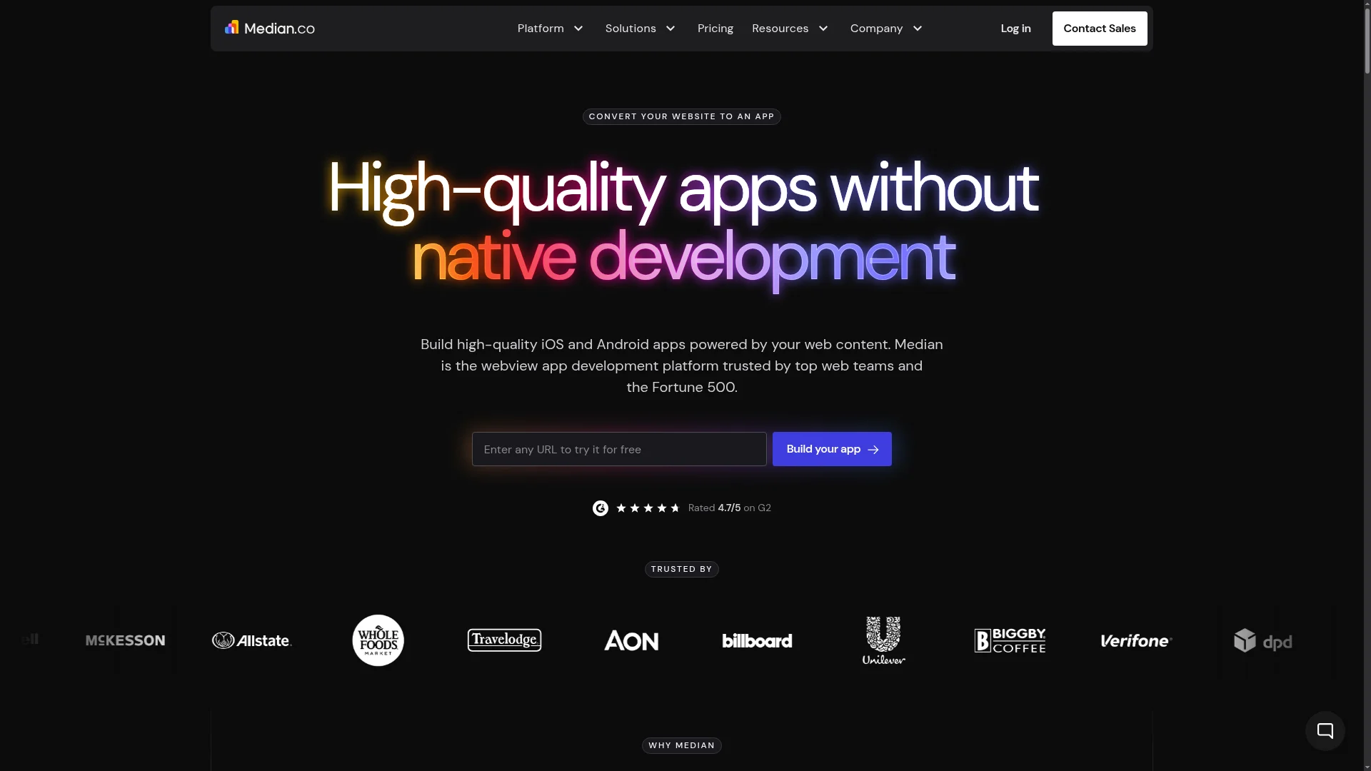 Median.co web to app converter homepage