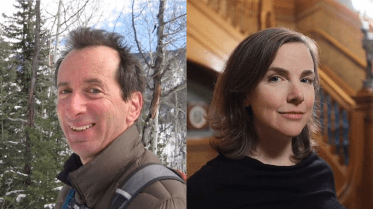 A split image featuring a man outdoors in winter and a woman indoors with wooden decor, both smiling.