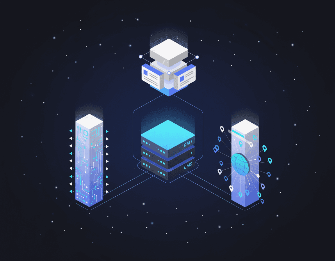 Central CMS hub diagram with API delivery, structured data, and language routing pillars branching out.