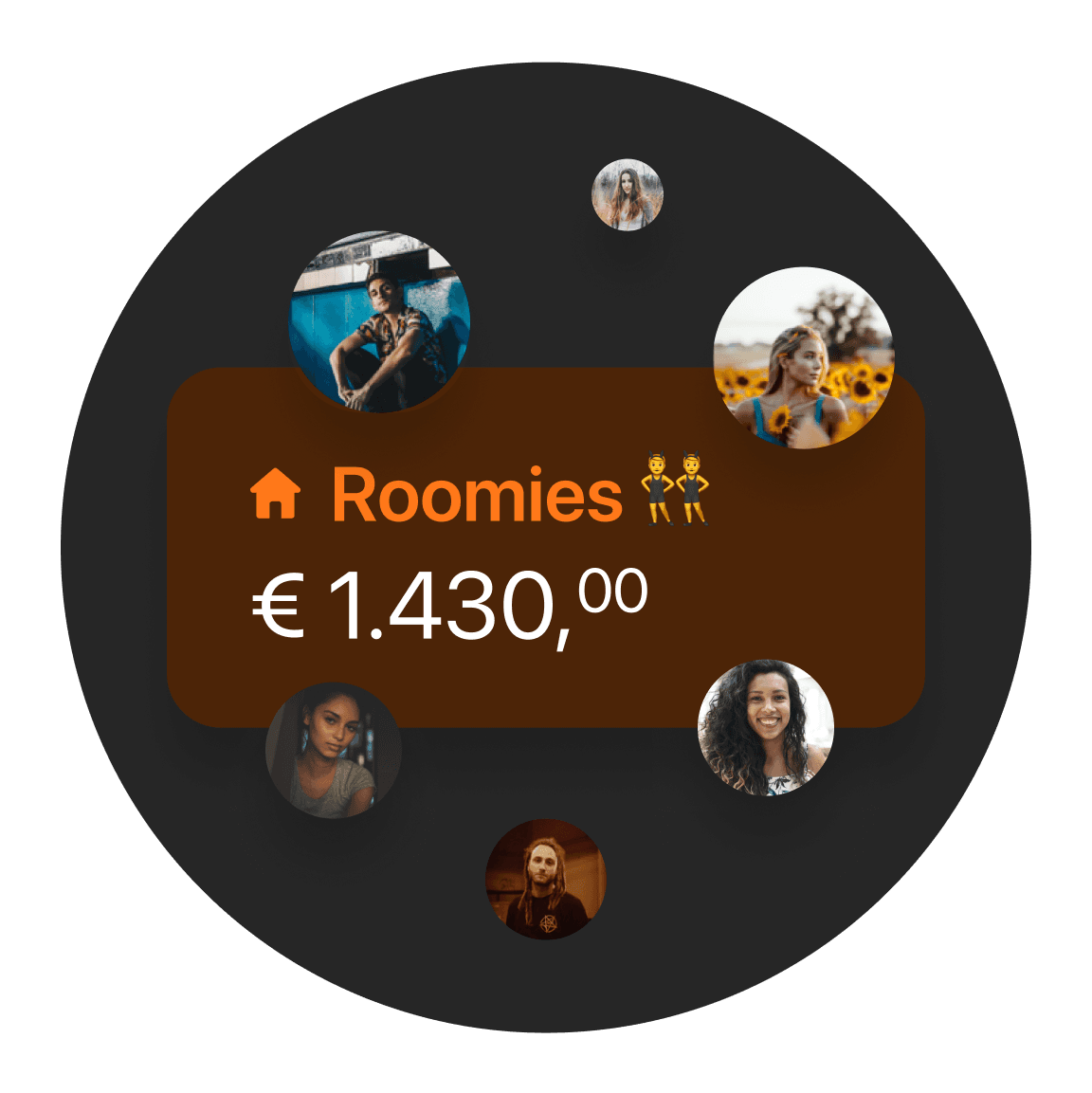 Circular graphic displaying "Roomies" and a price of €1430, surrounded by small images of people.