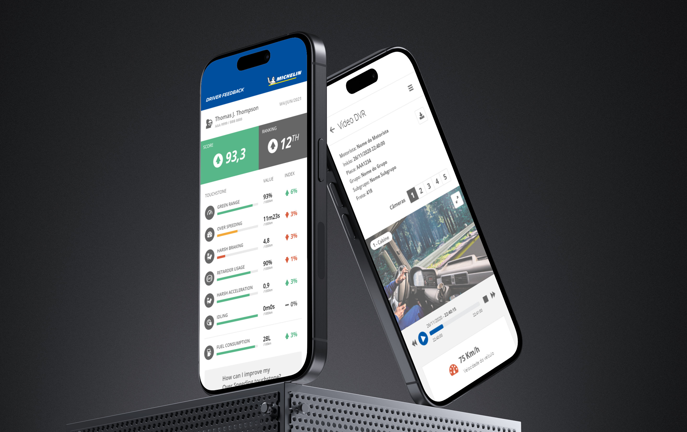 Telas do Driver Feedback e Smart Cam na versão mobile