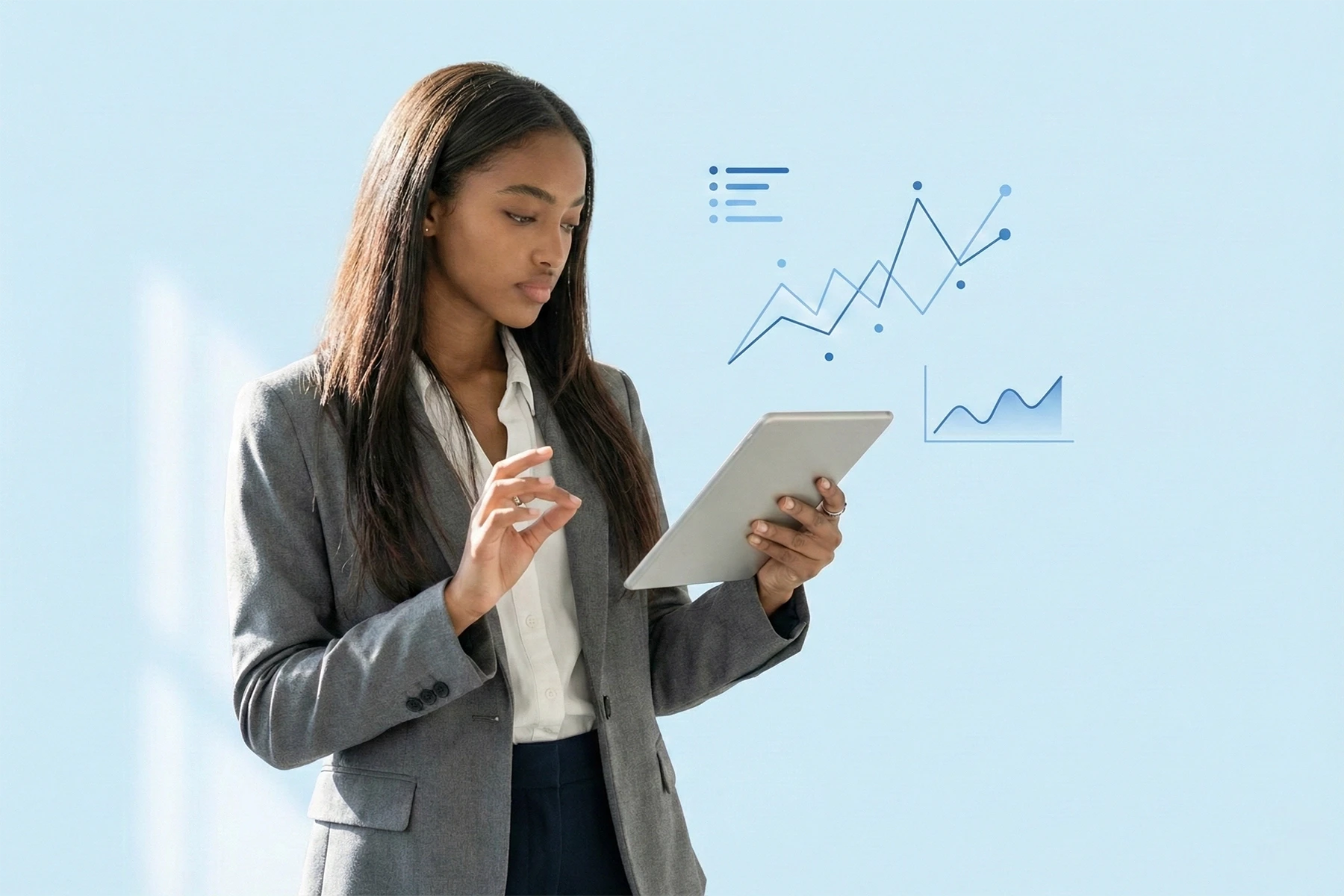 Online Marketing Strategie Analyse: Marketing-Expertin wertet KPIs und Performance-Daten auf Tablet aus, visualisierte Diagramme für datengetriebenes Online Marketing und Wachstumsstrategien in Köln und Bergisch Gladbach.