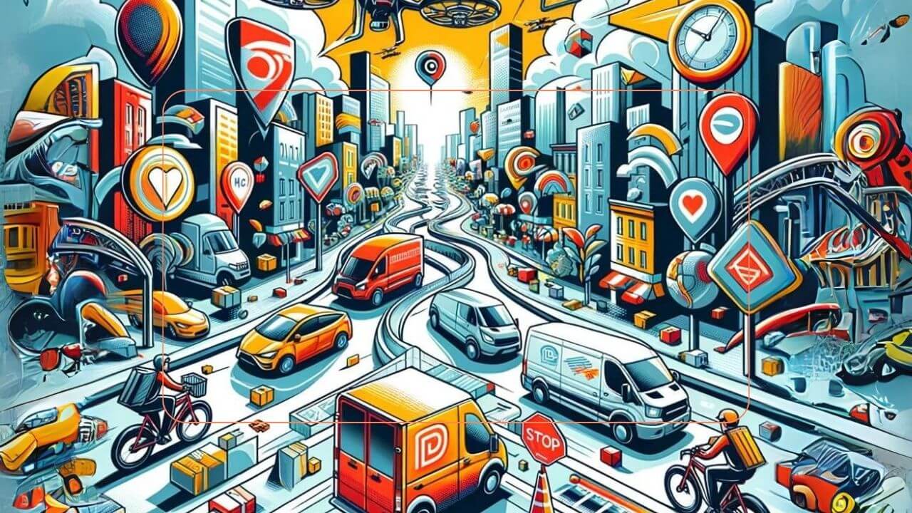 Colorful illustration of a busy city with delivery vans, cyclists, drones, and navigation icons representing logistics and shipping